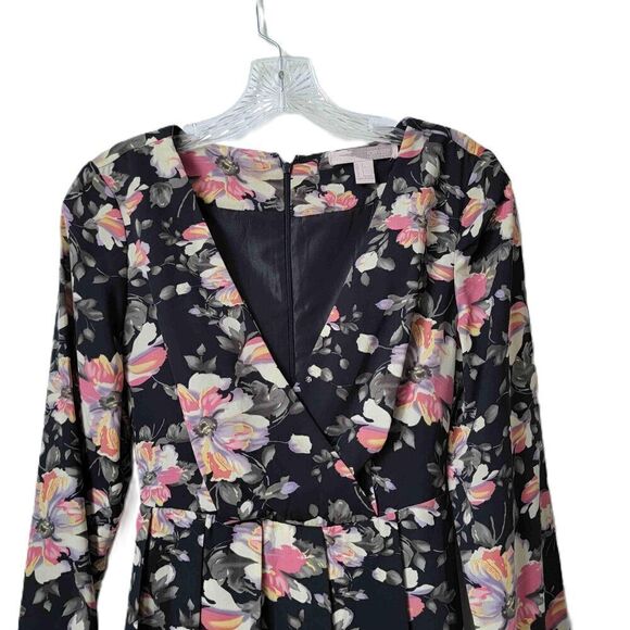 Forever 21 Black Floral Print Long Sleeve A Line Dress Tie Back Size Small - Picture 3 of 8